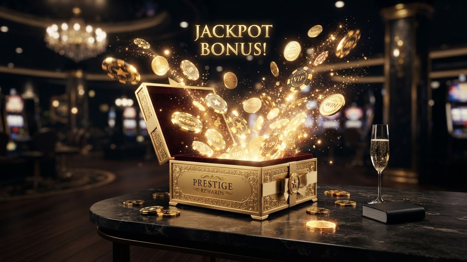 Coffret cadeau doré avec pièces de casino