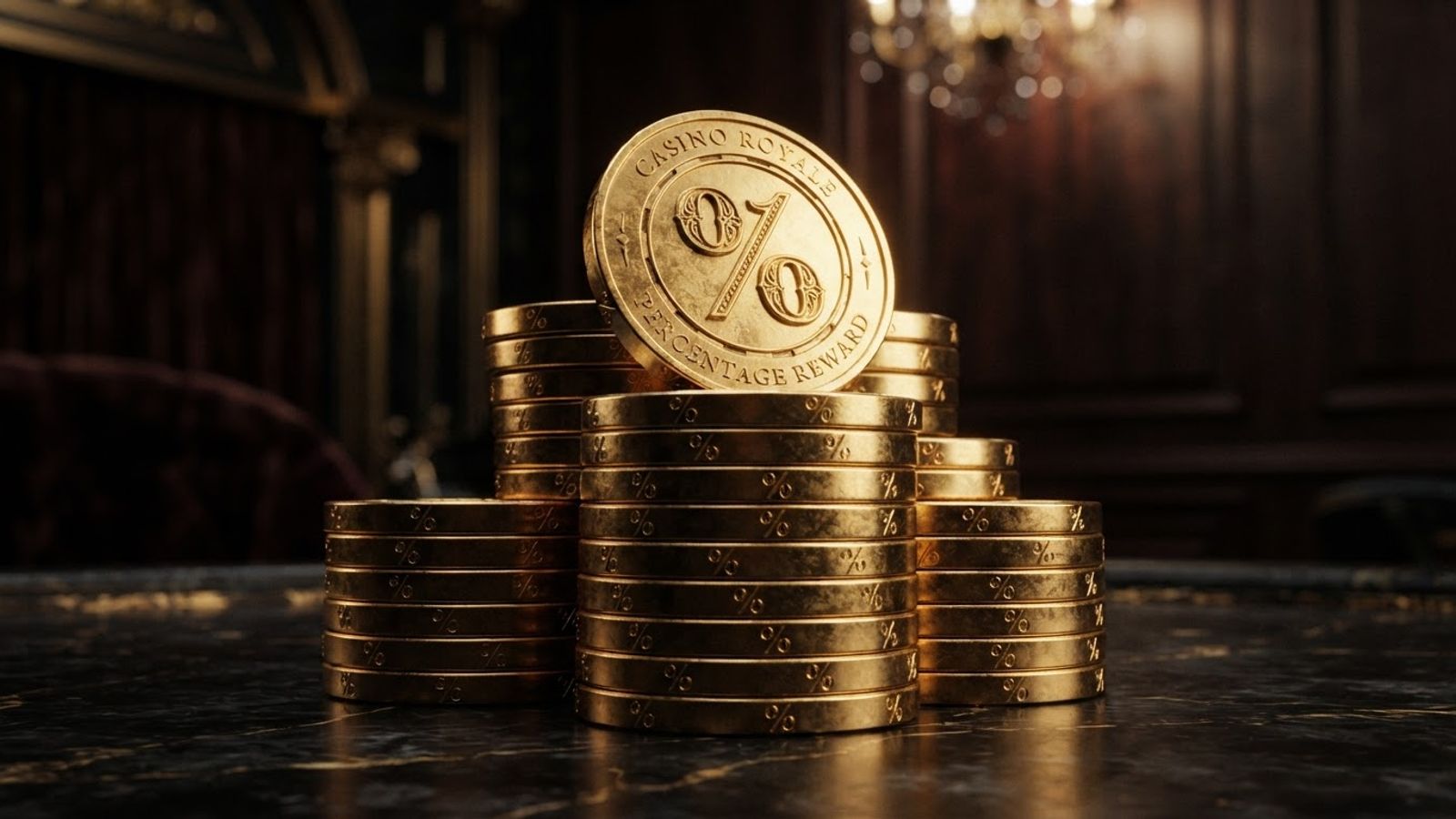 Pièces de casino dorées avec symbole de pourcentage
